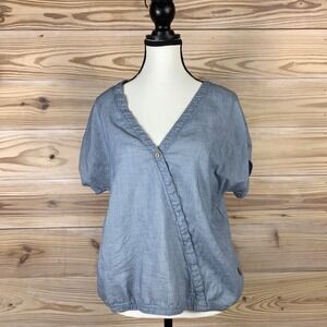 Tentree Blouse Womens XL Blue White Striped Organic Cotton Wrap Top Coastal